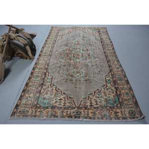 Alfombra turca Vintage Beige Azul 5,2X8,9 pies Tejido plano de lana con patrón de retazos para decoraciones de sala de estar o uso en el pasillo - Product Image 1