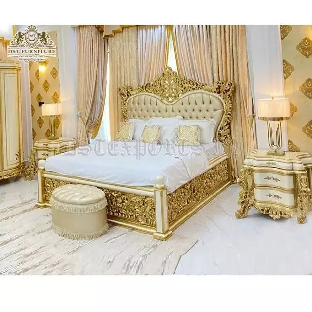 ชุดห้องนอนไม้แกะสลักมือสุดหรู,ชุดเฟอร์นิเจอร์ห้องนอนไม้สักสีทองแกะสลักเตียงมหาราจาแบบคู่