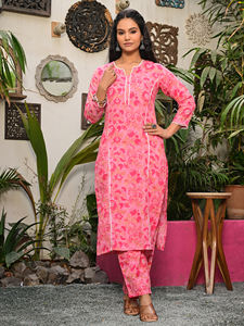 Kurti décontracté pour femmes, en coton rose à rayures imprimées, séchage rapide, manches trois quarts, ethnique, pour les fêtes - Product Image 4