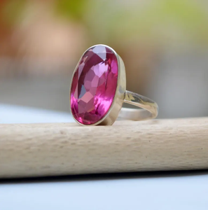 Ovale coupe rose Tourmaline Quartz 925 Sterling cadeau de mariage déclaration bague Unique bijoux en pierres précieuses naturelles pour la Protection - Product Image 1