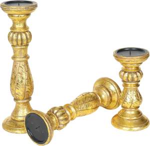 Ensemble de bougeoirs en bois fabriqués à la main avec des finitions dorées Supports de pilier décoratifs pour une décoration intérieure élégante et des accents intérieurs élégants - Product Image 3