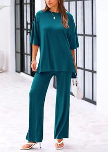 Nouveau 2025 été femmes 2 pièces tenues respirant coupe-vent décontracté ample à manches courtes hauts pullover pantalons à jambes larges ensembles de salon - Product Image 2