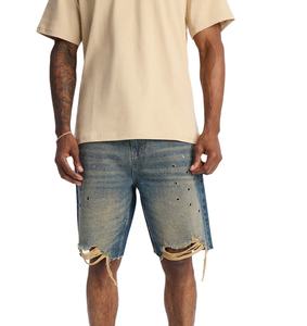 Nuevos shorts de mezclilla para hombre con efecto desgastado y lavado ácido, shorts de mezclilla personalizados 100% algodón, lisos, de peso pesado, con pedrería, a precio económico. - Product Image 1