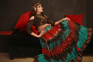 Conjunto de Lehenga Choli Tribal Rajasthani para Mujer, Multicolor, Tie Dye, Falda Gitana, Cinturón de Concha, Estilo Vendaje, Largo hasta el Suelo, 100% Algodón, Casual - Product Image 3