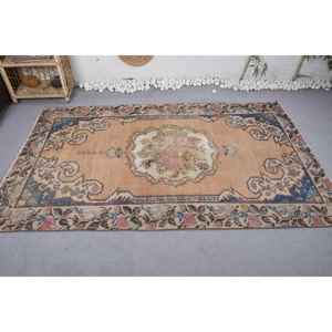 พรมขนสัตว์แนววินเทจสีส้มสีฟ้า44 x 71ft (134x217ซม.) พรมปอกระเจาลายแอบสแตรกต์ยางรองทรงสี่เหลี่ยมผืนผ้าขนาด10มม. - Product Image 3