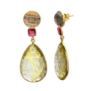 Pendiente de Plata de Ley 925 chapado en oro de 18 quilates, pendiente de rutilo amarillo ahumado y turmalina para mujeres y niñas - Product Image 2