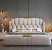 Ensemble de meubles de chambre à coucher en teck massif de luxe, style européen moderne, avec revêtement en cuir personnalisable et capitonné, 2 tables de chevet