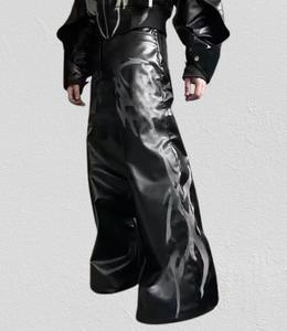 Pantalon décontracté pour homme à taille haute en cuir PU noir, écologique, lourd, ample, extensible, à jambe évasée, avec cordon de serrage, coloré - Product Image 2