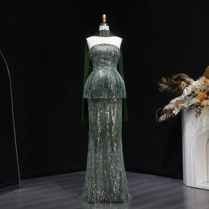 Robe de soirée de luxe Jancember LSZ781 vert foncé, élégante robe sirène, robe de soirée formelle lourdement perlée avec long châle - Product Image 2