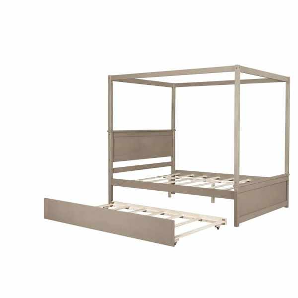 Full Size Light Brown Brushed Wood Canopy Bed with Trundle for Kids' Bedroom OEM Service Supplier Vietnam Following Your Brand