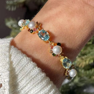 สร้อยข้อมือพลอยทัวร์มาลีนไข่มุกบุษราคัมแฟนซี925เงินสเตอร์ลิง14K ชุบทองทำด้วยมือสุดหรูของขวัญเครื่องประดับ - Product Image 1