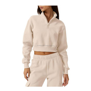 Womens Half Zip Crop Sweatshirt High Neck Long Sleeve Pullover Cropped <b>Top</b> - Product Image 1