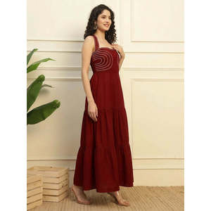 Deebaco Women's Maroon Cotton Boho Maxi <b>Dress</b> Solid Tiered A-Line Sleeveless Casual Daily Western Wear Lace Woven - Product Image 5