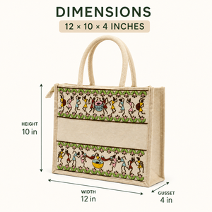Sac fourre-tout en coton et jute brodé Warli beige Tribal Beats, 12 x 10 x 4 pouces, avec fermeture éclair, réutilisable, emballage cadeau personnalisé - Product Image 4