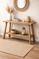 Table console en teck recyclé écologique avec motif de grain naturel, design minimaliste, apparence moderne, salon, gonflable