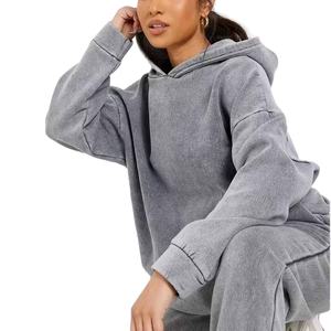 Chándal de invierno personalizado para mujer, pantalones holgados bordados desgastados con lavado ácido y conjunto de Sudadera con capucha con chándal acampanado 2026 - Product Image 5