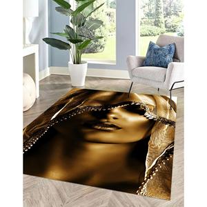 Tapis imprimé avec portrait de femme dorée - Décoration moderne de salon de mode, tapis en chenille - Product Image 1