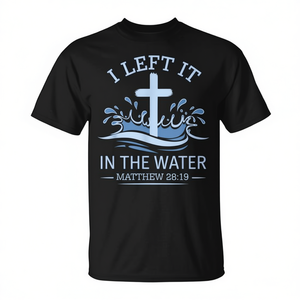 T-shirt in cotone cristiana con tema battesimale, ricamo a punto croce e lavorazione a mano 'I Left IT in Water' - Product Image 3