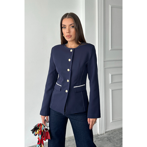 Chaqueta Blazer Azul Marino con Cuello Redondo para Mujer con Detalle de Ribete en los Bolsillos - Product Image 2