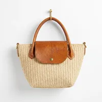 Tas Selempang Bohemian Wanita dari Bahan Rafia dengan Penutup Kulit, Tas Jinjing Portabel Musim Panas, Warna Beige Solid
