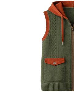Gilet sans manches en tricot personnalisé pour homme, vert olive avec capuche, mélange de laine et d'acrylique, fermeture éclair intégrale, veste décontractée d'hiver - Product Image 3
