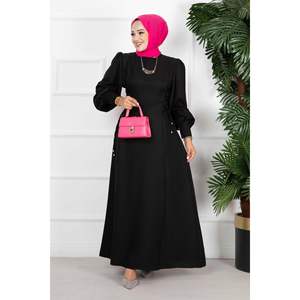 Custom Designed Black Linen Hijab <b>Abaya</b> Dress with Side Ties Modest Muslim Evening Wear for Winter in Sizes XS 6XL XXL - Product Image 3