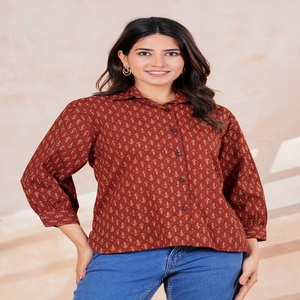 Women Ethnic Printed Cotton <b>Blouse</b> Loose Fit Casual Wear India Pakistan Style All Seasons <b>Red</b> Patterned Top - Product Image 1