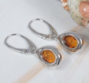 925 solid Sterling <b>Silver</b> Natural Baltic Amber Russian Lock Earring - Product Image 2