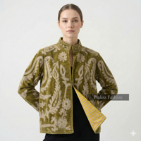 Blouson d'hiver pour femme en velours et coton brodé artisanal de luxe, écologique, respirant, épais, motif floral rétro, personnalisé