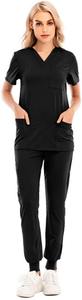 Chemise à col en V en tissu éponge Spandex noir pour femmes et pantalon à cordon Ensemble d'uniformes de gommage d'été pour hôpital - Product Image 3
