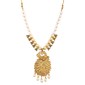 ชุดเครื่องประดับแต่งงานรูปนกยูงสีทองออกซิไดซ์สีขาว ประดับมุกบนตัวเรือนโลหะผสม - Product Image 3