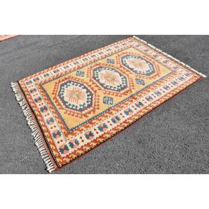 Alfombra Kilim turca Vintage de 4,3x6,4 pies, diseño de retazos amarillo y azul, tejido plano, lana trenzada, yute, látex, pasillo, rectángulo - Product Image 3
