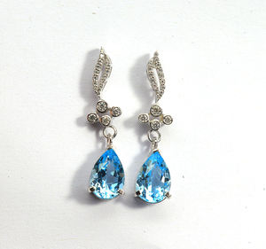 ต่างหูพลอยบลูโทแพซแท้จากสวิสเซอร์แลนด์ รูปทรงลูกแพร์ ขนาด 10x7 มม. ขัดเงาอย่างดี ของขวัญสำหรับเธอ - Product Image 1