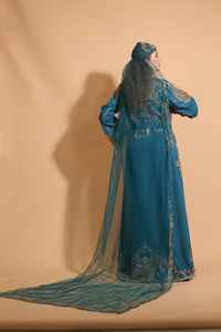 Teal Blue Luxury Moroccan Kaftan with Golden Embroidery Hand-Beaded Modest <b>Wedding</b> <b>Dress</b> - Product Image 5