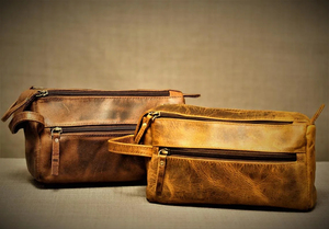 Vintage Leather Toiletry <b>Bag</b> Medium Capacity Double Zipper Closure Soft Handle Travel Dopp <b>Kit</b> - Product Image 5