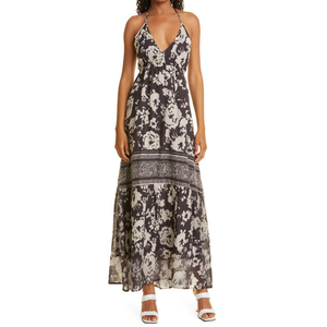 Abito lungo da donna Ba Sh taglie forti in cotone floreale color carbone, con scollo all'americana, traspirante, per il tempo libero, con cerniera, drappeggiato, lavorato all'uncinetto, con dettagli a rombi - Product Image 4