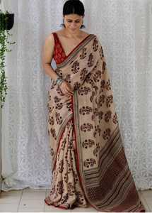 Saree en pur coton Malai pour femme avec impression numérique à grande bordure Motifs Kalamkari élégants et design Saree contrasté - Product Image 6