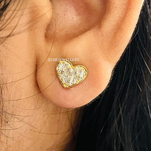 14K Solid <b>Gold</b> Baguette Natural Diamond Solid <b>Gold</b> <b>Heart</b> Stud Piercing Fine Jewelry. - Product Image 3