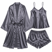 Ensemble pyjama 3 pièces en microfibre de bambou satiné pour femme, comprenant une robe kimono, une camisole à fines bretelles et un short à volants, toucher soyeux de luxe