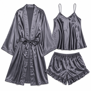 Women’s Satin 3 Piece Pajama Set Kimono Robe <b>Spaghetti</b> Strap Camisole Ruffle Shorts Luxury Silk Feel Bridal Sleepwear Summer Lou - Product Image 5