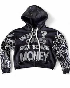 Custom Distressed Hem Rhinestone Pullover Boxy Recortado de gran tamaño Acid Wash Zip up Puff Print Hoodies Hombres - Product Image 6