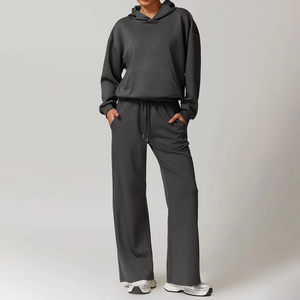 2025 nuevo Otoño Invierno cintura alta 2 piezas conjunto Joggers pantalones sudadera con pantalones de chándal Sudadera con capucha en blanco conjuntos de entrenamiento sueltos para mujeres - Product Image 5