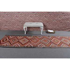 2.7x10.6 ft Vintage Kilim Rug, <b>Red</b> Floral Turkish <b>Wool</b> Rug - Product Image 3