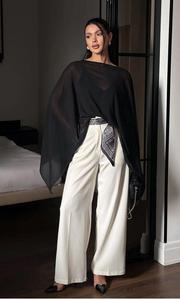 Elegante y moderno 100% Lino Conjunto de noche Sheer Black Chiffon Cape Top Lentejuelas lineales Cuffed Top Transpirable - Product Image 2