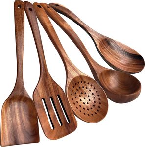 Juego de 5 Cucharas de Madera de Diseño Clásico, Teca Natural Ecológica, Mango Largo, Utensilios de Cocina, Superficie Lisa Antiadherente - Product Image 2