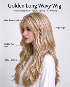 Golden Long Wavy <b>Wig</b> Heat Resistant <b>Synthetic</b> Hair Middle Part Soft Waves for Daily Wear Cosplay - Product Image 2