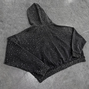 Sudadera con capucha desgastada de algodón grueso sin cuerdas personalizada con diamantes de imitación para hombre - Product Image 5