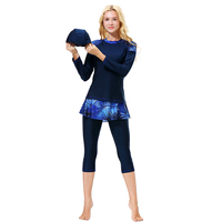 Traje de Baño Musulmán para Mujer, Burkini Conservador con Estampado, Manga Media Larga, Pantalones Capri, Conjunto de 3 Piezas, Protección UV Frontal, Venta Caliente