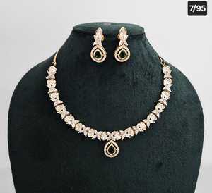 Beautiful Stunning Cubic Zircon Crystal Leaf Shape Kundan Studded Dangle Gold Plated Wedding <b>Jewellery</b> With Earrings For Women - Product Image 2