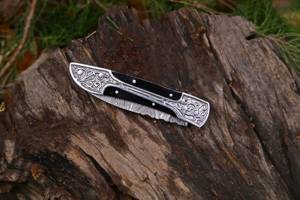 Cuchillo de bolsillo de hoja de acero de Damasco hecho a mano, mango de madera negra, cuchillo utilitario plegable personalizable DIY, regalo OEM para uso Industrial - Product Image 4